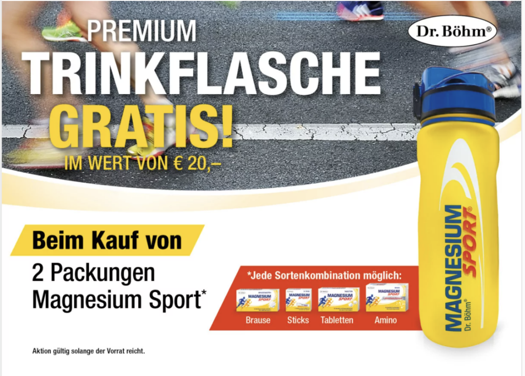 Magnesium, Magnesium Sport, Dr. Böhm, Sport, Leistungssport, Trinkflasche, trinken, Muskel, gratis, Apotheke zum Weinstock, Aktion