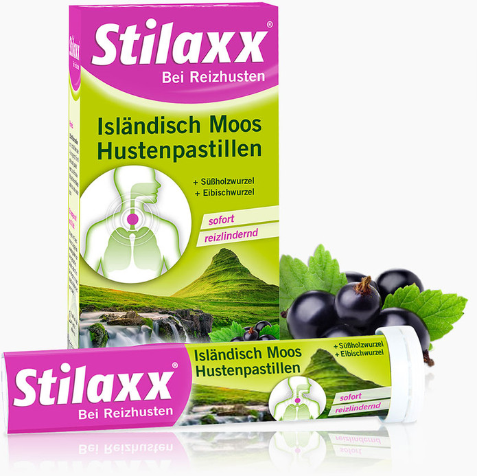 Stilaxx Hustenpastillen, Packung und Pastillenröhrchen